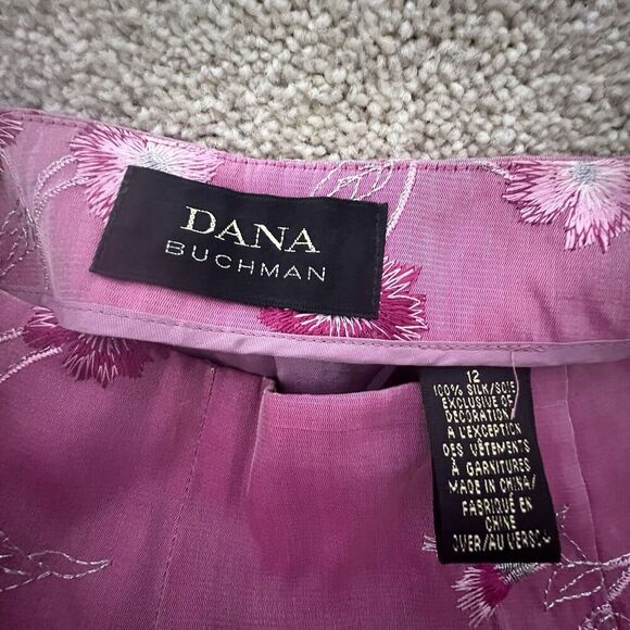 Dana Buckman Pink Raw Silk Dress Embroidered Flowers Pant Size 12 - Picture 3 of 6
